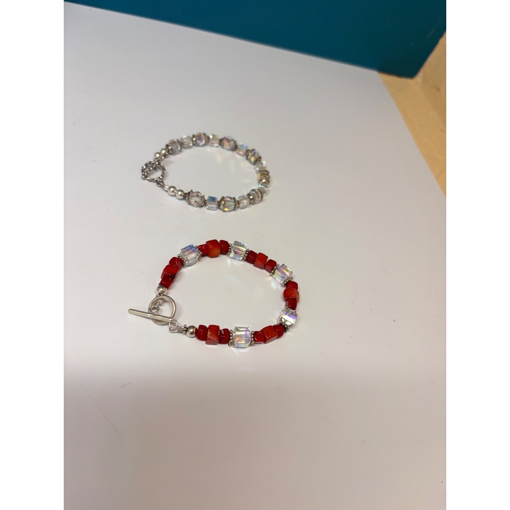 Set of 2 Beaded Bracelets Red Coral Iridescent Crystal Toggle Clasp Handmade